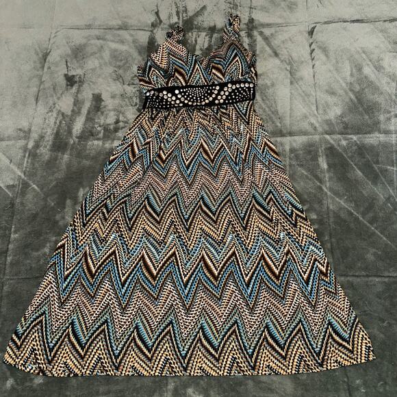 Y2K Studio West Midi Dress Women's Large Boho Chevron Print Studded Belt V-Neck - Picture 7 of 9